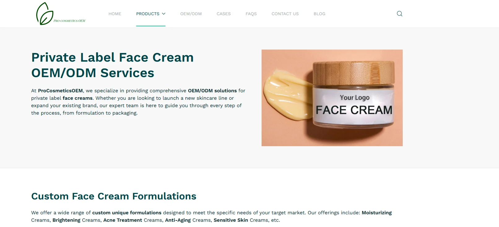 Website for private label face cream OEM/ODM services showcasing a jar of moisturizer with bamboo lid and product description.